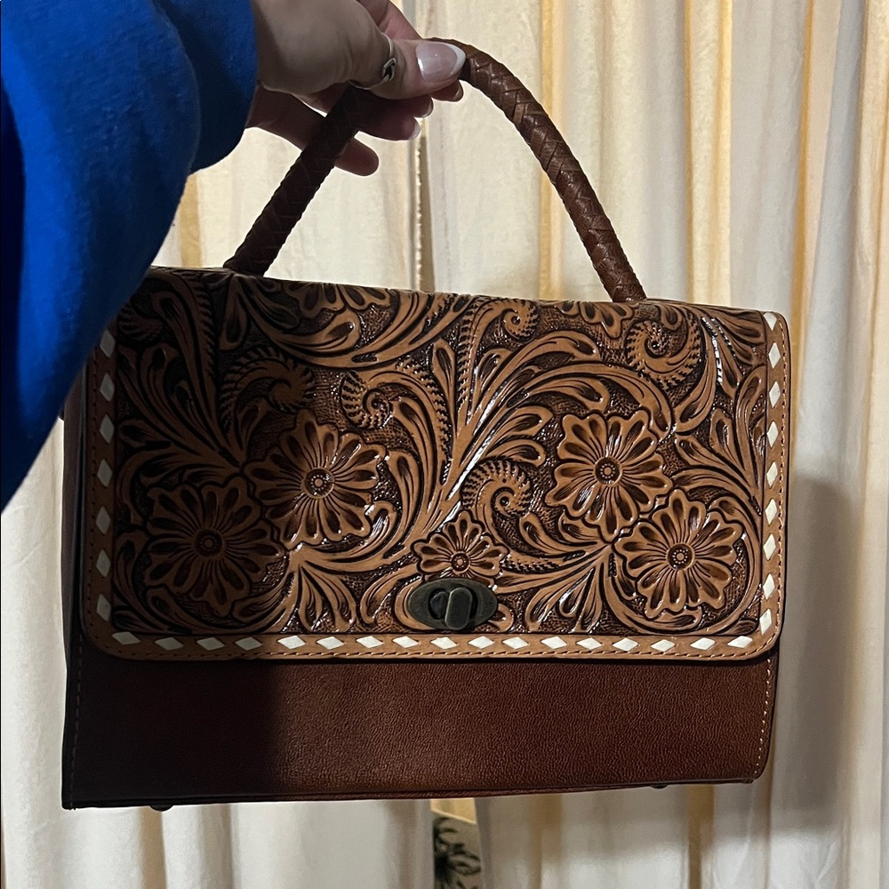 Tooled and Buck Stitch Leather Turn Lock Bag